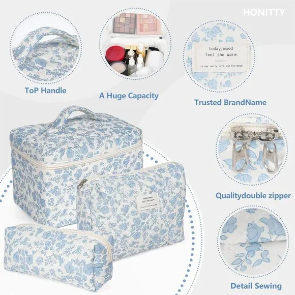 Makeup Bag,Quilted Cosmetic Bag,Large Floral Make Up Bag for Women,Cotton Makeup - Picture 3 of 6